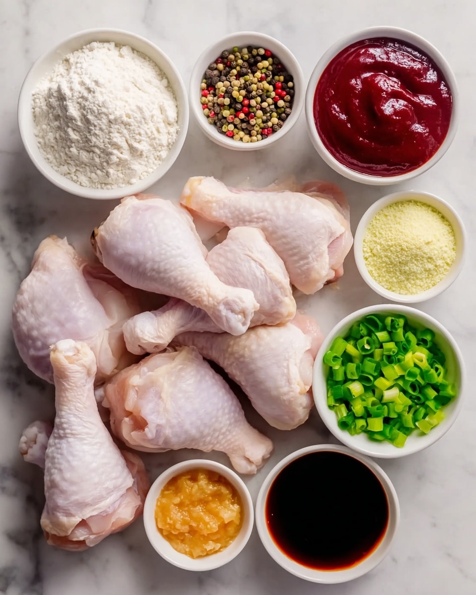 The image shows a white oval dish filled with nine glazed drumsticks in a dark brown sauce. The drumsticks have a shiny, slightly rough texture and are coated evenly with the sauce. Scattered on top are small pieces of bright green chopped scallions, adding a fresh contrast. The dish sits on a white marbled surface, flanked by a white plate of green leafy salad at the upper left corner and another white bowl with golden toasted bread cubes and a cloth napkin toward the right edge. The overall look is warm and inviting with a mix of dark and light textures. photo taken with an iphone --ar 4:5 --v 7
