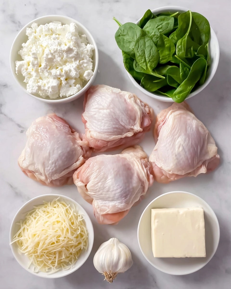 A white baking dish holds eight golden brown chicken thighs arranged in two rows of four, each piece resting on a creamy bed of spinach mixed with melted cheese. The chicken skin is crispy with a shiny appearance and sprinkled with green herbs. The creamy spinach layer has a soft texture with visible spinach leaves evenly spread beneath the chicken. The edges of the dish show slight browning, adding a rustic touch, and the dish sits on a white marbled surface with a wooden spatula and a green towel nearby. photo taken with an iphone --ar 4:5 --v 7