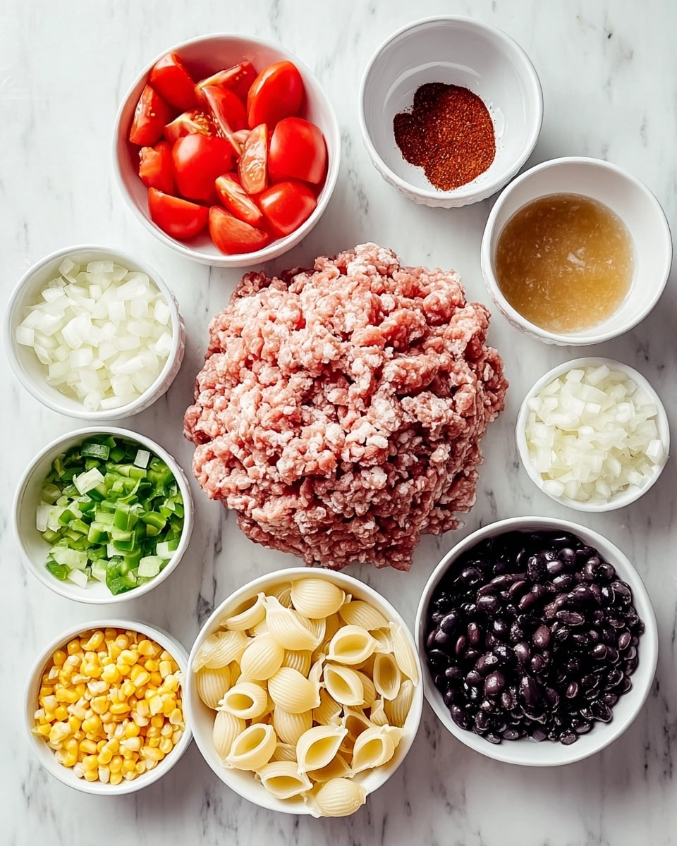 The image shows a white marbled surface with seven bowls of ingredients arranged neatly. In the center is a large mound of raw ground meat with white fat specks. To the right of it, there is a white bowl filled with uncooked shell pasta in a light cream color. Above the meat, there are two smaller white bowls; one containing a dark reddish powder and the other holding a light brown liquid. On the left side of the meat are three white bowls arranged vertically: the top holds red cherry tomatoes cut in halves, the middle has finely chopped white onion, and the bottom contains shiny black beans. Below these bowls, there is a small white bowl with chopped green and yellow peppers. In front of the meat and pasta, a small clear bowl contains shredded white cheese. The photo taken with an iphone --ar 4:5 --v 7