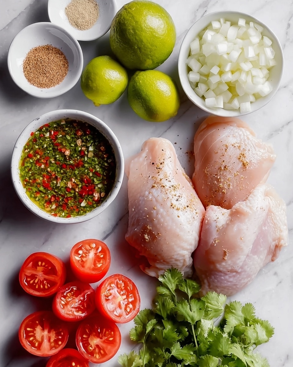 The image shows two large raw chicken fillets placed on the right side, sprinkled with small bits of seasoning. Above the fillets, there are three whole green limes and two lime halves displaying their juicy, pale green inside. To the left of the chicken, there are four white bowls arranged in a cluster: one filled with finely chopped white onions, one with coarse white salt, one with brown ground spice, and one with a textured green sauce containing bits of chili and herbs. Below the bowls and chicken, there are several bright red tomato halves arranged closely together. At the bottom right corner, there is a small bunch of fresh green cilantro leaves. All items rest on a white marbled surface. photo taken with an iphone --ar 4:5 --v 7