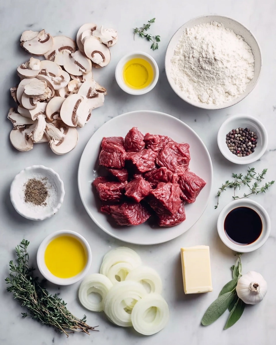 The image shows several white dishes placed neatly on a white marbled surface. In the center is a white plate holding raw red beef chunks with a textured surface. Above it, to the left, is a white bowl filled with sliced white mushrooms showing both caps and stems. To the right of the mushrooms, there is a white bowl with thinly sliced, pale yellow onions arranged in spirals. A bulb of garlic sits between the onions and mushrooms. Below the onions, there is a small white bowl filled with mixed black and white peppercorns. Near the peppercorns, fresh green herbs with small leaves appear scattered. Below the beef plate, there's a small square white dish containing a pale yellow slab of butter. To the left of the butter, a round white bowl holds dark brown liquid. Above that bowl, another small white bowl contains bright yellow oil, and to its left, a small white bowl is filled with coarse white salt. To the right of the butter, a white bowl is full of white flour with a soft texture. The entire scene is tidy and well-organized, highlighting each ingredient clearly. Photo taken with an iphone --ar 4:5 --v 7