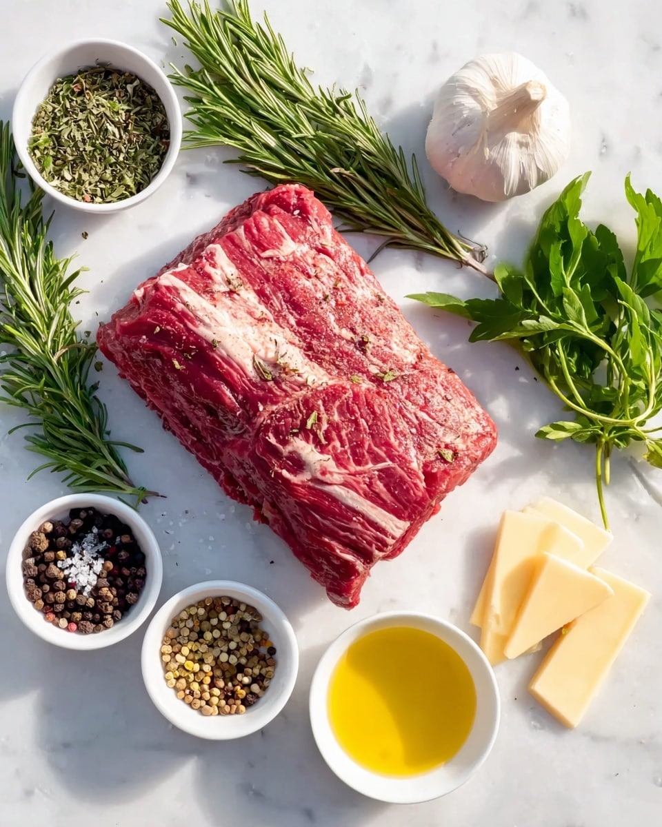 The image shows a fresh raw piece of red meat with light marbling of fat on a white marbled surface, sprinkled with seasoning. Around the meat, there are fresh green herbs including sprigs of rosemary and other leafy herbs. On the left side, there are two small white bowls; one filled with black and white peppercorns, and the other with golden olive oil. On the lower right, a small pile of sliced garlic is next to a white bowl filled with coarse salt. A whole bulb of garlic sits near the top right corner. The scene is bright and clean, with all ingredients arranged neatly for cooking. photo taken with an iphone --ar 4:5 --v 7