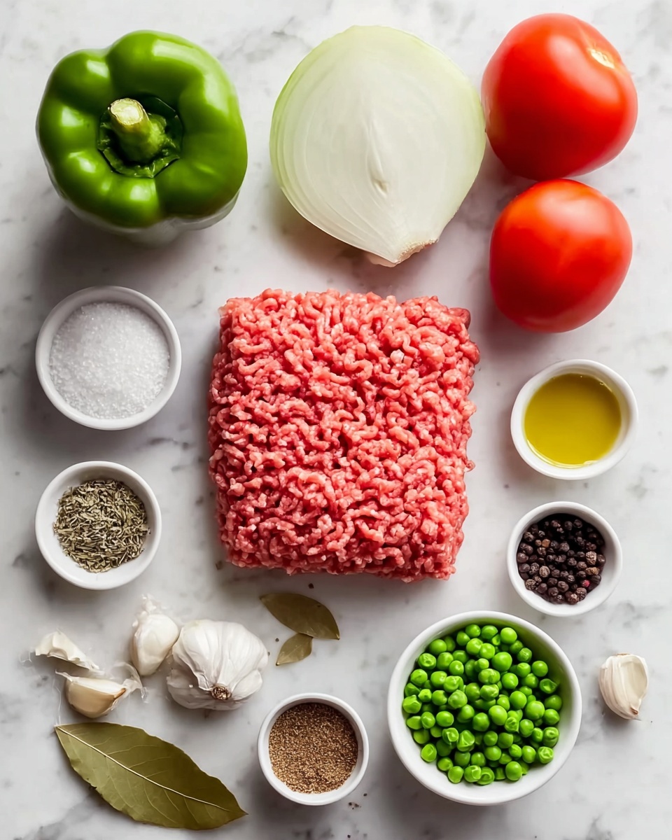 The image shows raw ingredients neatly arranged on a white marbled surface. In the center is a rectangular block of raw ground meat, pink with visible small fat specks. Above the meat are two whole red tomatoes with green stems, a whole bulb of garlic, and a single large green bell pepper. To the right of the meat is a pale white onion half and a single bay leaf. Surrounding the meat and vegetables are small white bowls containing different ingredients: chopped white onions, bright green peas, mixed peppercorns, dried herbs, salt, a yellow liquid likely oil, and a mix of ground spices. The items are clean and fresh, evenly spaced in a visually balanced way. Photo taken with an iphone --ar 4:5 --v 7