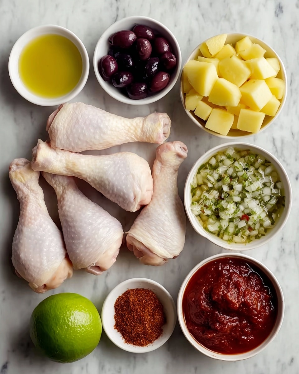The image shows four raw chicken drumsticks with pale pink skin placed centrally on a white marbled surface. To the right, there is a pile of light yellow cubed potatoes. Surrounding the chicken are six small white bowls, each holding different ingredients: dark purple black olives at the top left, finely chopped white onions below the olives, reddish-brown chili powder below the onions, vivid green salsa with bits of chili and seeds next to the chili powder, bright yellow olive oil at the top right, and dark red thick sauce at the bottom left beside a whole green lime. The arrangement is neat and colorful, with each ingredient clearly visible. Photo taken with an iphone --ar 4:5 --v 7