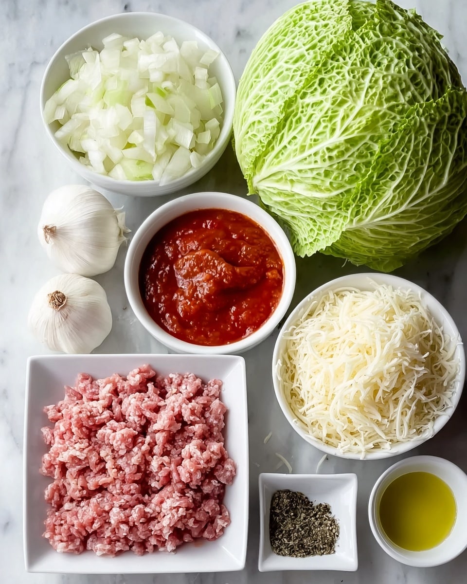 The image shows an arrangement of fresh cooking ingredients on a white marbled surface. At the center, there is a white square bowl filled with raw ground meat that has a mix of light and dark pink colors with some white fat bits. To the right, there is a white round bowl full of shredded white cheese with a soft, stringy texture. Below the cheese is another white bowl containing thick, rich red tomato sauce with a slightly chunky texture. Above the meat are small white bowls each with different contents: one has chopped white onions, another has a mix of black pepper and other spices, and a third has dried herbs. Whole garlic bulbs and cloves are placed next to the onions. A large head of green leafy cabbage with a textured surface sits to the upper right side, adding a fresh and leafy green tone to the setup. Photo taken with an iphone --ar 4:5 --v 7