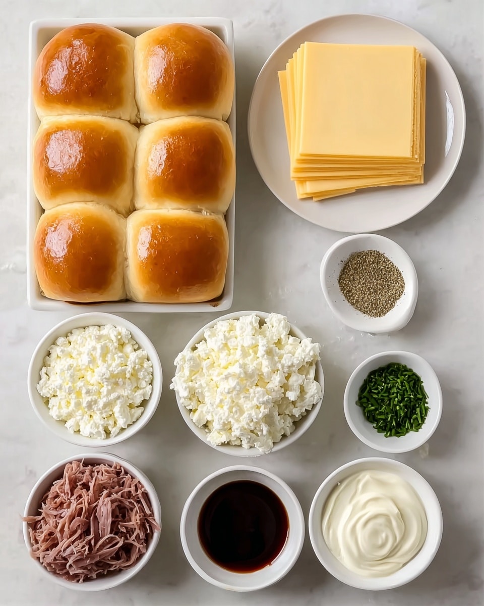The image shows a set of ingredients neatly arranged on a white marbled surface. There is a group of nine shiny, golden-brown slider buns placed at the bottom left corner. Above the buns, to the left, there is a white round plate holding a stack of pale yellow cheese slices. To the right of the cheese, there is a white bowl full of white cottage cheese with a crumbly texture. Below the cottage cheese, there is a white bowl containing shredded beef with a brownish-grey color. At the center, in front of the cottage cheese and beef, there are two smaller white bowls; one with smooth, white mayonnaise and the other with a pepper mix, both grainy and fine in texture. To the right of the buns, there are two more small white bowls, one filled with dark balsamic vinegar and the other with finely chopped green herbs. photo taken with an iphone --ar 4:5 --v 7