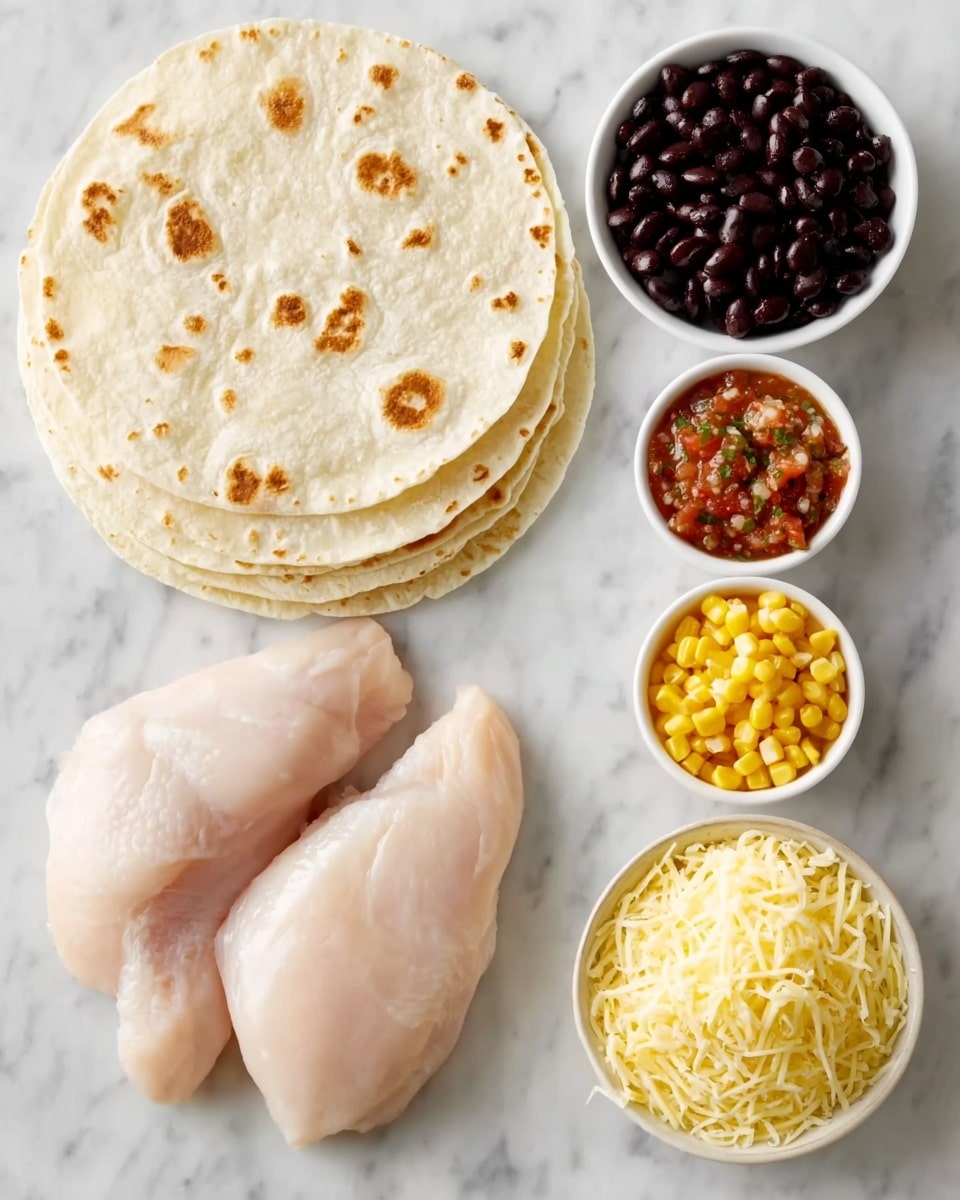 A stack of nine round, lightly toasted tortillas with light brown spots sits on the left side of the image. To the right are four small white bowls arranged vertically: the top bowl is filled with dark black beans, the second bowl contains a chunky red salsa with green herbs, the third bowl holds bright yellow corn kernels, and the bottom bowl has a pile of shredded white cheese. Below the tortillas are two raw, pale pink chicken pieces placed side by side on a white marbled surface. photo taken with an iphone --ar 4:5 --v 7
