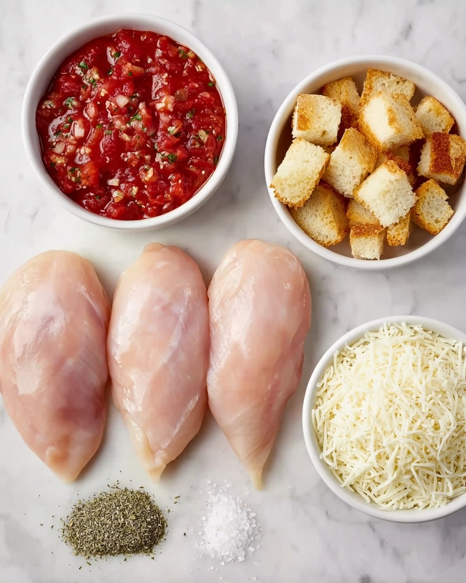 Three raw chicken pieces with smooth, pale pink texture are placed side by side in the center on a white marbled surface. To the top left, there is a white bowl filled with chunky, bright red tomato sauce mixed with small bits of herbs. Above and slightly to the right is another white bowl holding many golden, crispy bread cubes with a rough, crunchy texture. Below to the right is a small white bowl filled with shredded white cheese that looks soft and stringy. Two small piles of spices, one light gray and one green, are sprinkled near the chicken pieces on the left side. Photo taken with an iphone --ar 4:5 --v 7