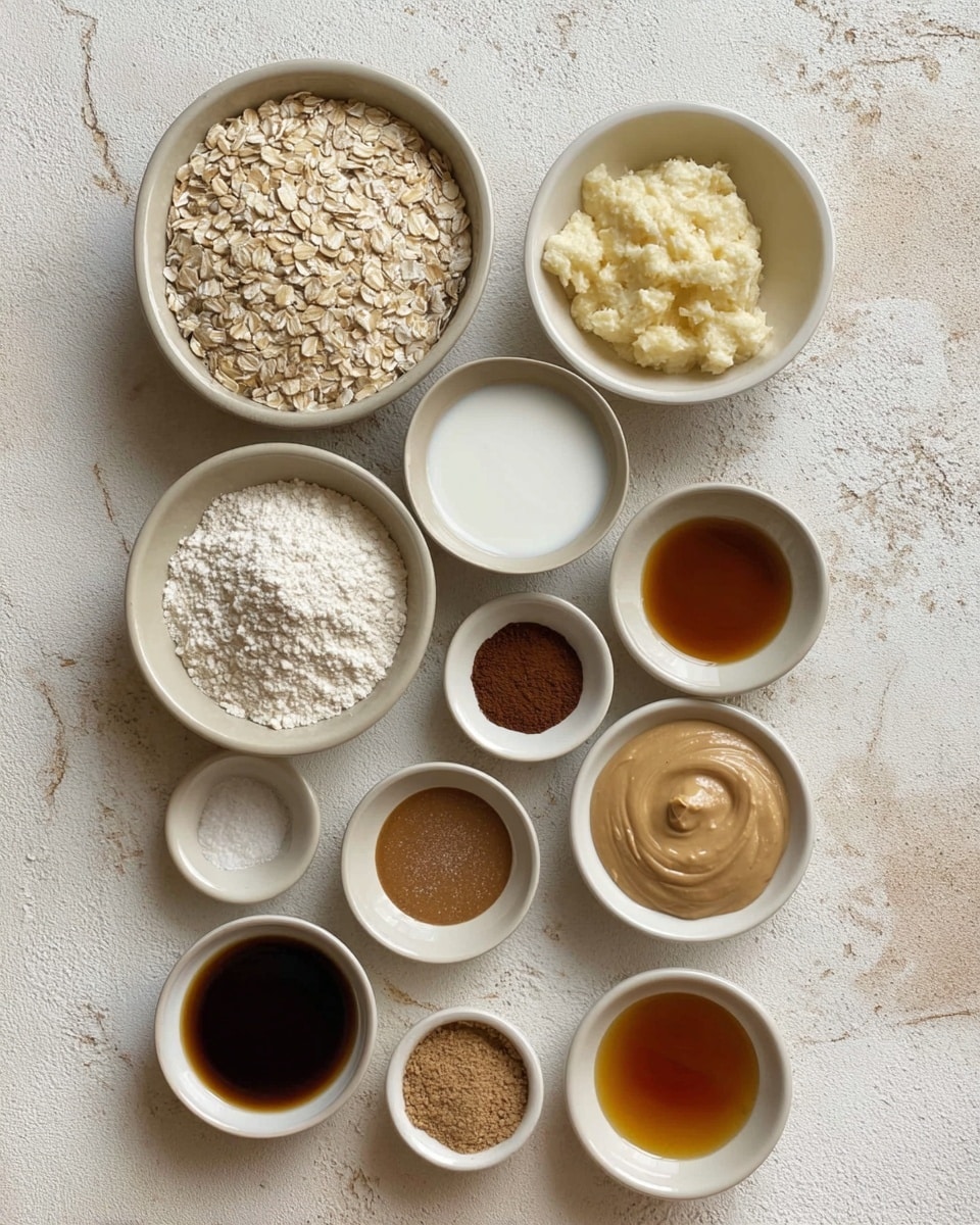 The image shows a collection of 15 small and large white ceramic bowls arranged neatly on a white marbled surface. The largest bowl at the top left is filled with light brown rolled oats, next to it on the right is a bowl with a pale, mashed banana texture. Below these, various smaller bowls hold ingredients of different colors and textures: off-white liquid resembling milk, dark brown thick liquid, creamy beige nut butter, a slightly lighter beige creamy sauce, shiny dark syrup, orange-colored liquid, two different shades of light beige flours, dark reddish-brown cocoa powder, and three bowls containing white powders, possibly baking powder, baking soda, and salt. The final large bowl at the bottom right contains a smooth, thick white yogurt-like substance. The bowls are placed on a soft white marbled surface with soft natural lighting. photo taken with an iphone --ar 4:5 --v 7
