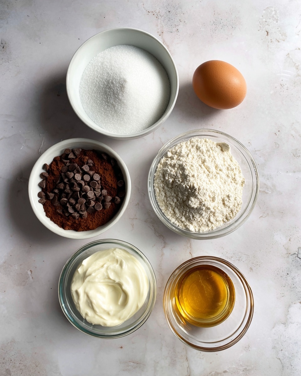 A top view of eight baking ingredients placed separately over a white marbled surface: a white bowl of white granulated sugar at the top left; to its right, a single light brown egg; below the egg, a small clear glass bowl with dark chocolate chips; at the bottom right, a white bowl filled with dark brown cocoa powder; to the left of the cocoa powder, a small clear bowl with golden liquid; above it, a clear bowl of creamy white yogurt; to the left of the yogurt, a white bowl filled with white flour; at the bottom left, a clear bowl with white milk. The arrangement is spread out neatly in a rectangular shape photo taken with an iphone --ar 4:5 --v 7