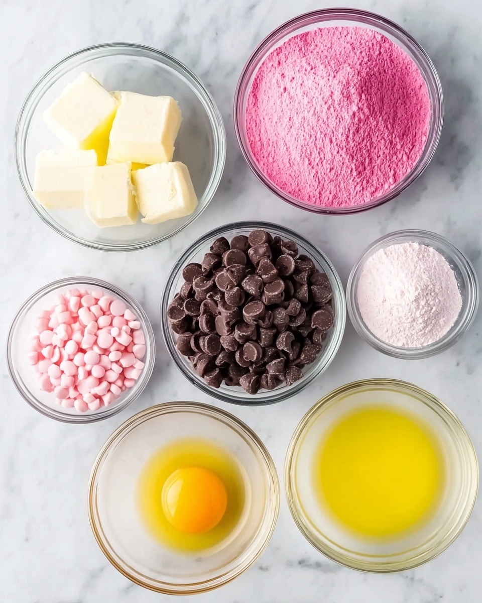 Seven clear glass bowls arranged on a white marbled surface hold different ingredients. Starting from the top left is a bowl filled with bright pink granulated sugar. To the right of it is a larger bowl filled with light pink powder, likely flour or cake mix. Below the pink sugar is a small bowl with small translucent pink chunks. Centered below this is a medium bowl filled with bright yellow liquid, possibly melted butter. On the right middle side is a bowl full of dark brown chocolate chips. At the bottom left is a small bowl containing one raw egg with a bright orange yolk and clear egg white. The last bowl, located to the right of the egg, contains several solid white butter cubes. photo taken with an iphone --ar 4:5 --v 7