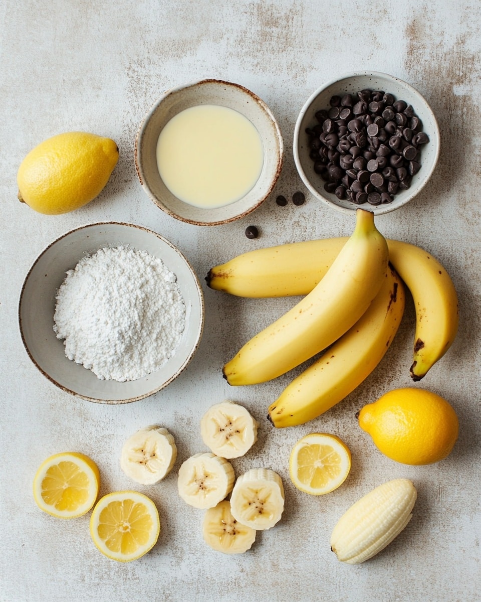 A close-up shows six light golden muffins with a slightly rough texture, each topped with scattered dark brown chocolate chips, giving a speckled look. The muffins have a soft pale yellow upper part and a firmer, darker golden brown bottom part. They are stacked, with one muffin resting on top near the center. The surface underneath is a white marbled texture, and a blurry white bowl filled with chocolate chips is visible in the background. Photo taken with an iphone --ar 4:5 --v 7