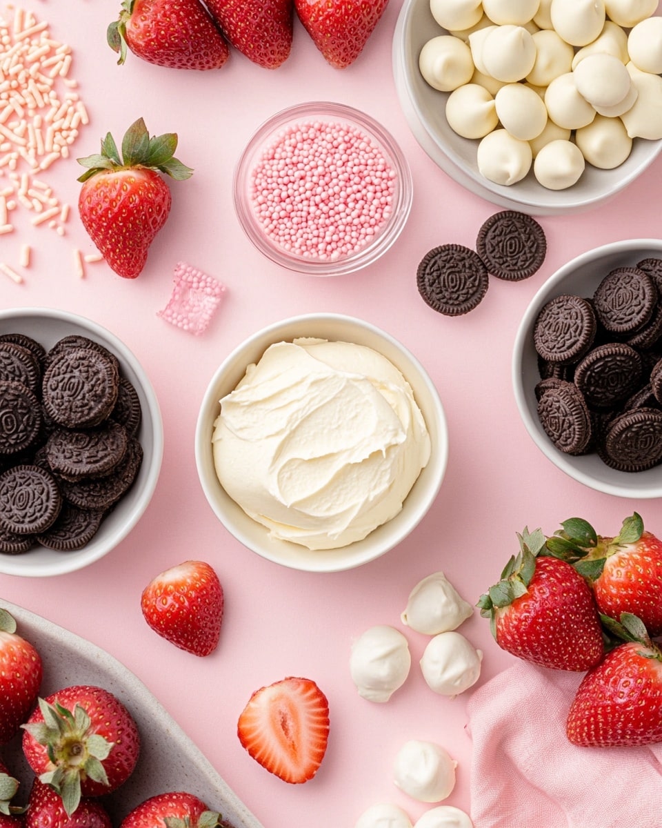 A red scalloped cake stand sits on a white marbled surface, holding a pile of round, smooth white chocolate balls. Each ball is covered in creamy white chocolate with a light shine and topped with small pink, red, and white sprinkles. The balls have gentle swirls on their surface, showing the texture of the coating. In the background, there is a white container filled with fresh whole strawberries with green tops and a red 