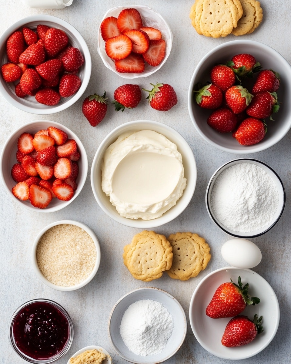 A close-up image of round strawberry cookies arranged in a pile on a white marbled surface. The cookies have a light beige base with red strawberry pieces scattered inside, giving them a marbled look. One cookie on top has a bite taken out of it, showing a soft inside. Around the cookies, there are a few whole and halved bright red strawberries with green tops, and small white flowers with yellow centers, adding color contrast. A white dish filled with whole strawberries is partially visible in the background. The photo taken with an iphone --ar 4:5 --v 7