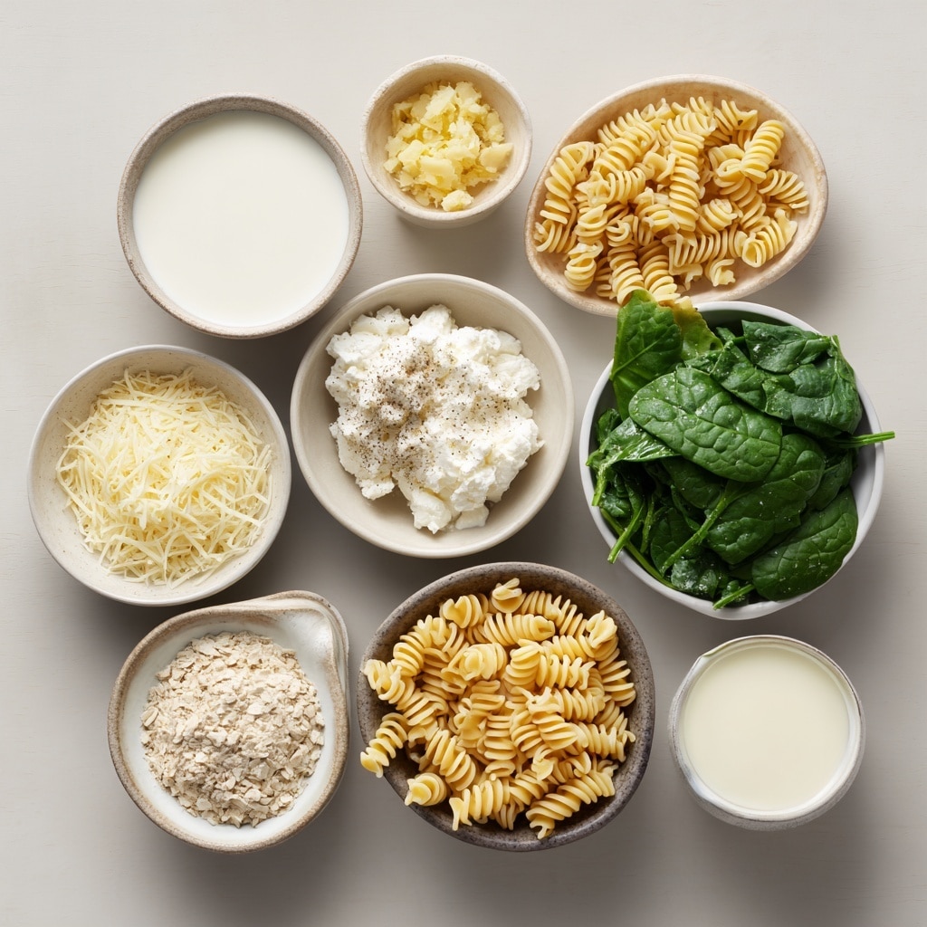 A white bowl holds a dish of soft rotini pasta coated in creamy white sauce with small bits of green spinach mixed throughout. On top, there are scattered shreds of white cheese and small red chili flakes, along with fresh green parsley leaves adding a pop of color. The pasta is heaped in the center, showing its spiral texture, with the creamy sauce clinging lightly to each piece. The background is a white marbled surface. photo taken with an iphone --ar 4:5 --v 7