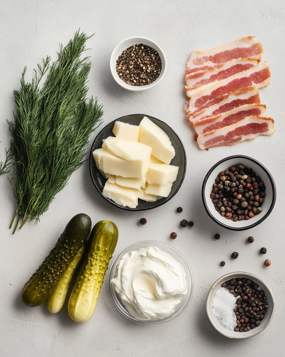 The image shows a black plate with white parchment paper holding eight bacon-wrapped pickles stuffed with creamy cheese, the bacon is shiny and golden-brown with visible crispy texture, and the green pickles peek out from the ends. There is a small black bowl of white dipping sauce with green herbs sprinkled on top on the side of the plate. In the background on a white marbled surface, a white bowl with black pattern is filled with several whole pickles, and there are two white plates stacked with two silver forks on top. The whole scene is clean with a wooden board under the black plate. Photo taken with an iphone --ar 4:5 --v 7