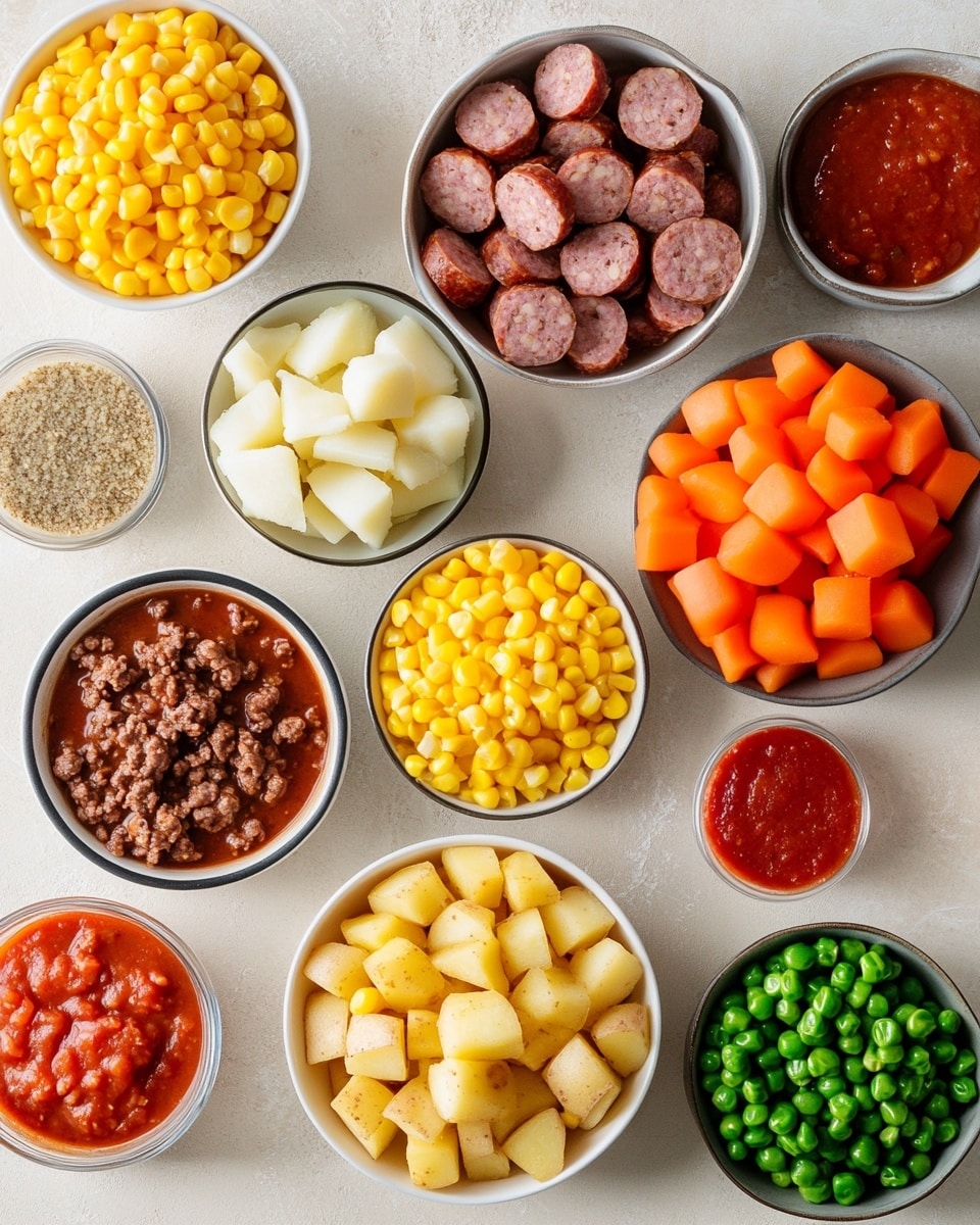The image shows a white pot filled with a colorful stew. The stew has four main layers: chunks of light brown potatoes scattered throughout, sliced reddish sausages with a smooth texture, cooked beans that are soft and light brown, and mixed vegetables like yellow corn, orange carrots, and green peas. A wooden spoon is in the pot, resting on the stew and partially lifted as if ready to serve. Around the pot, there are slices of light brown bread on a wooden board and on a white plate with a slice topped with cream cheese. In the lower right corner, a white plate holds two teaspoons. All items are placed on a white marbled surface with a black-and-white striped cloth near the pot. Photo taken with an iphone --ar 4:5 --v 7