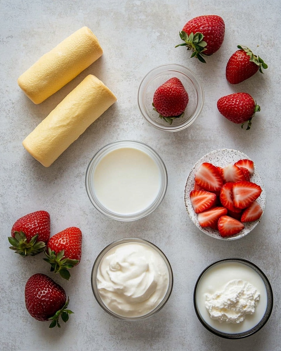 The image shows a slice of dessert on a white plate with three layers. The bottom layer has three light yellow cake rolls filled with white cream, placed side by side. The middle layer is a smooth, pale yellow custard that covers the cake rolls. The top layer is thick white whipped cream scattered with small red strawberry pieces. Around the slice on the plate are some extra strawberry chunks. The background includes more strawberries in a white bowl and an out-of-focus box with bright colors. The surface underneath is white marbled texture. Photo taken with an iphone --ar 4:5 --v 7