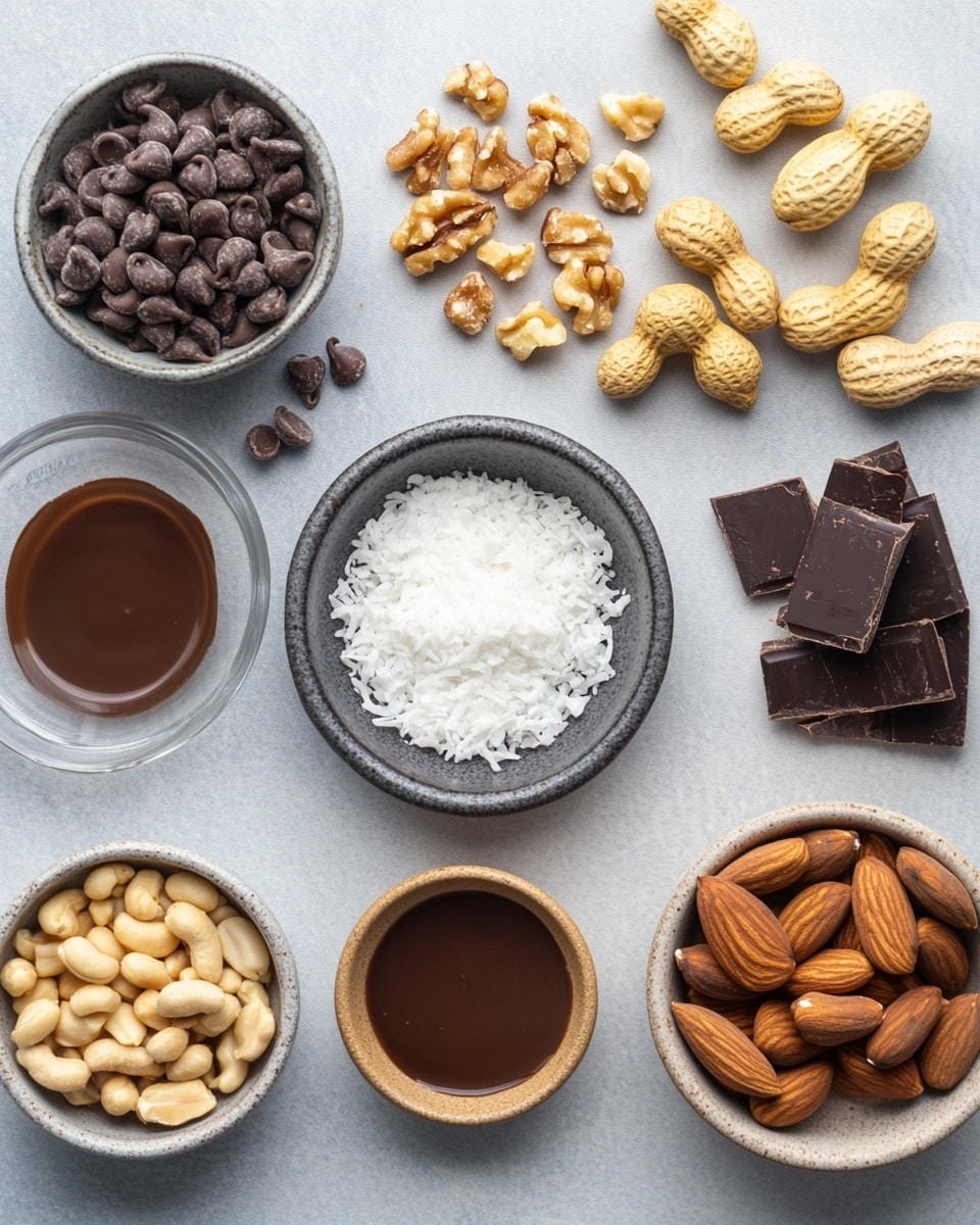 The image shows several square pieces of chocolate dessert arranged closely on a white marbled surface. Each piece has a thick, rich chocolate layer with a slightly rough texture and is topped with scattered white shredded coconut. The edges of the squares are cleanly cut, revealing the dense, moist chocolate inside. The dessert has a single layer with visible bits of coconut embedded in the chocolate, giving it a textured look. photo taken with an iphone --ar 4:5 --v 7
