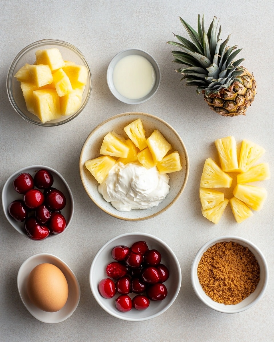 A round cheesecake with three visible layers sits on a white detailed cake stand against a white marbled surface. The bottom layer is a thick, crumbly brown crust. The middle layer is a thick, creamy off-white cheesecake with a smooth texture. The top layer is a shiny, dark caramel glaze that drips slightly down the sides. On the very top, there are circular slices of golden brown pineapple evenly spread, each topped with a bright red maraschino cherry with a stem. In the center, there is a small bunch of fresh green mint leaves. Photo taken with an iphone --ar 4:5 --v 7