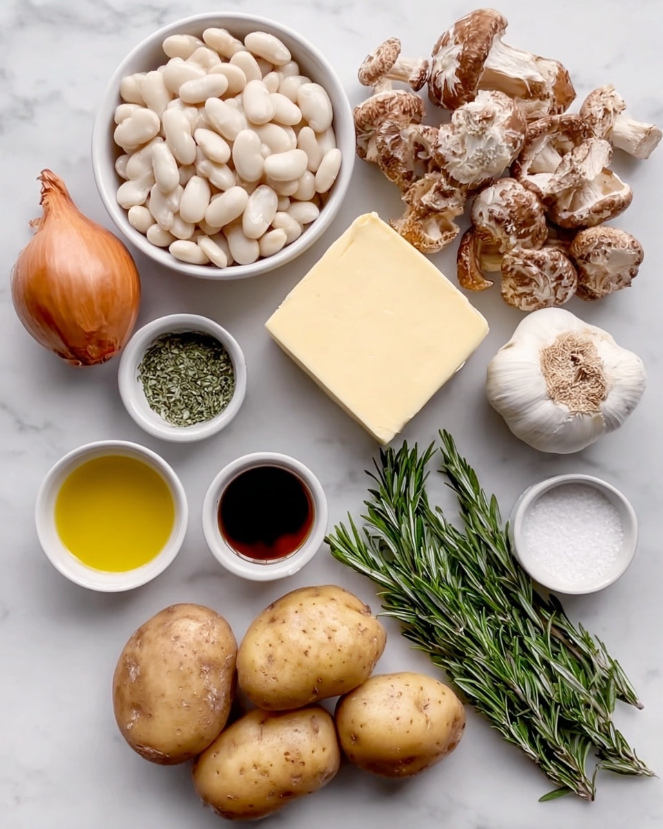 A large white pot filled with creamy brown soup that has sliced mushrooms and yellow potato chunks floating on the surface, with small green parsley leaves scattered on top and black pepper specks. A wooden spoon with a brown handle rests inside the pot, partially stirring the soup. Around the pot, there are whole mushrooms on a white marbled surface, a white bowl with pepper and a small wooden spoon, a red bowl with black pepper, some green parsley leaves, and an orange textured cloth nearby. Photo taken with an iphone --ar 4:5 --v 7