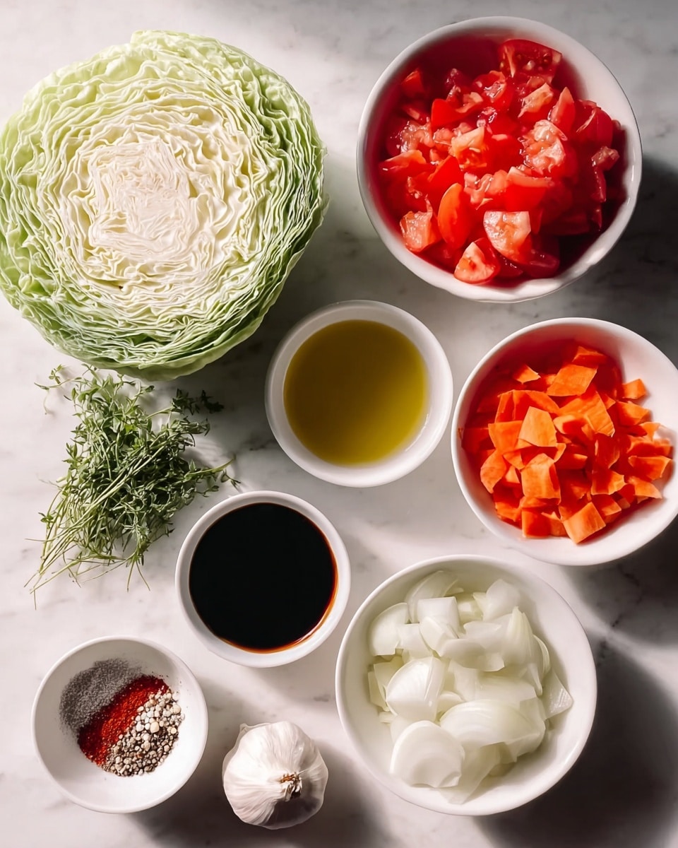 The image shows fresh cooking ingredients arranged on a white marbled surface, including a large half head of green cabbage with light green and creamy white layers placed on the left. To the top right, a white bowl holds peeled small white onions and sliced orange carrots. Below it, another white bowl is filled with dark brown soy sauce. In the bottom right corner, a white bowl contains bright red chopped tomatoes. To the left of the tomatoes, a small white bowl contains a mix of salt, black pepper, and red pepper flakes. Next to it, there is a smaller white bowl with light yellow olive oil. A whole bulb of white garlic rests on the left side near a bunch of fresh green thyme sprigs spread loosely. The overall look is clean and fresh. photo taken with an iphone --ar 4:5 --v 7