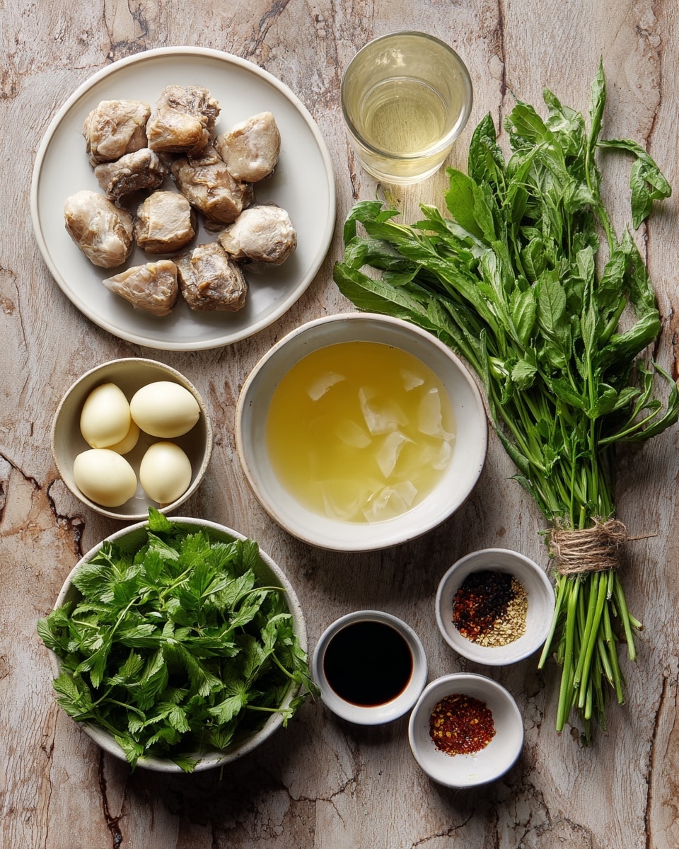The image shows several plates and bowls arranged on a wooden surface. The largest white plate at the top holds eight pieces of cooked meat with a light brown and slightly gray color and a tender texture, stacked close together. Below it, a smaller white bowl contains three pale yellow onions, smooth and round. To the right, there is a large bunch of fresh green herbs with long stems and leafy tops tied loosely with string. Near it, there is a clear glass filled with a light yellow liquid. In the center, a white bowl contains a light golden broth with small chunks of translucent ginger floating on top. Below that, a white bowl holds fresh green leafy herbs with delicate leaves. To the bottom right, there is a small white bowl with dark sauce topped with white granules of salt and light pepper, next to another bowl with a dark black sauce. Everything is placed on a warm wooden table. Photo taken with an iphone --ar 4:5 --v 7