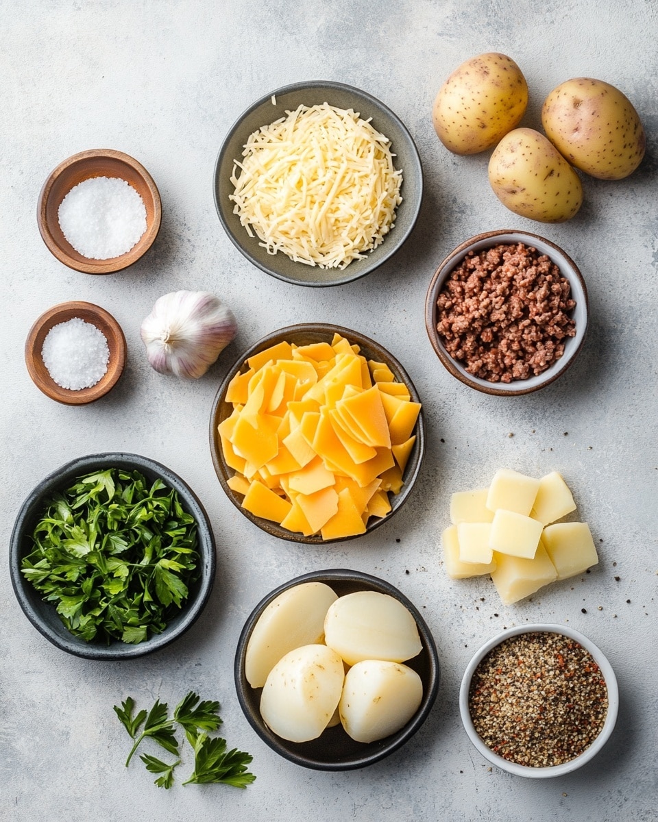 The image shows a dark blue oval baking dish filled with a layered shepherd’s pie. The bottom layer consists of cooked ground meat mixed with small pieces of cooked onions, appearing crumbly and brown. Above that is a layer of sliced, light yellow potatoes that are tender and slightly browned at the edges. The top layer has melted golden cheese that is bubbly and browned in spots, sprinkled with small green herb pieces. A silver spoon is lifting some of the dish, revealing the layers clearly. The dish sits on a white marbled surface with a striped blue and white cloth nearby. Photo taken with an iphone --ar 4:5 --v 7
