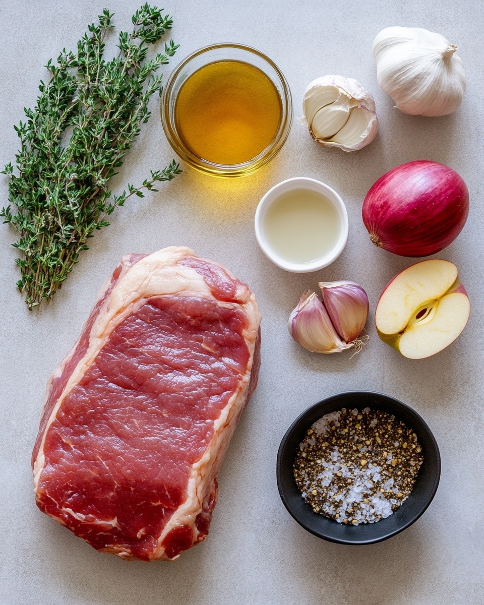 The image shows a close-up of a pot filled with a stew featuring two large, browned pieces of cooked meat with crispy textures on top. These sit partly submerged in a light brown, creamy broth with visible herbs. Surrounding the meat are soft, golden potato wedges and slices of cooked red onions that have turned a soft purple color. The pot’s inside edge is visible, showing a warm, slightly worn finish, and the whole scene rests on a white marbled surface. photo taken with an iphone --ar 4:5 --v 7