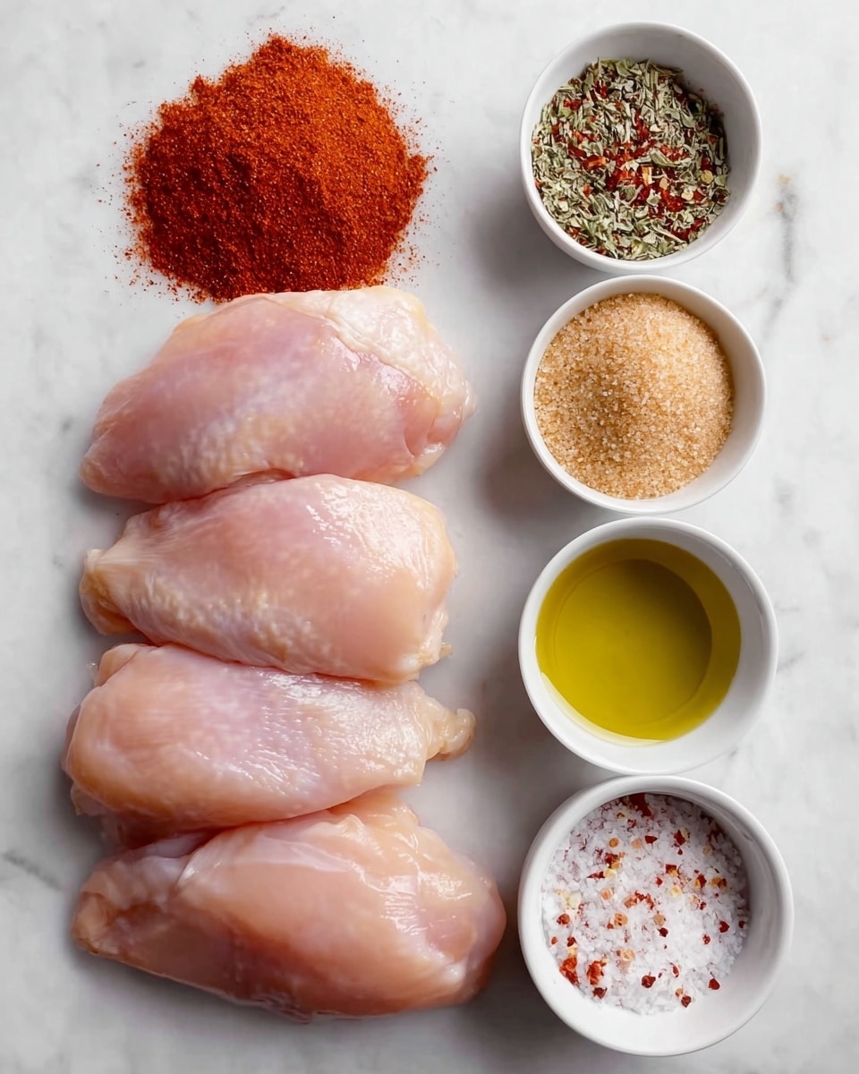 The image shows four pieces of raw light pink chicken meat placed in a neat vertical row on the left side, each piece smooth and glossy. On the right side, there are five small white bowls and one pile of granulated light brown sugar at the top left. From top to bottom, the bowls contain a bright reddish-brown powder, a mix of green and red dried herbs and spices, a clear golden yellow liquid, and a coarse white salt mixed with small red and green specks. The background is a white marble surface, creating a clean and fresh look. photo taken with an iphone --ar 4:5 --v 7