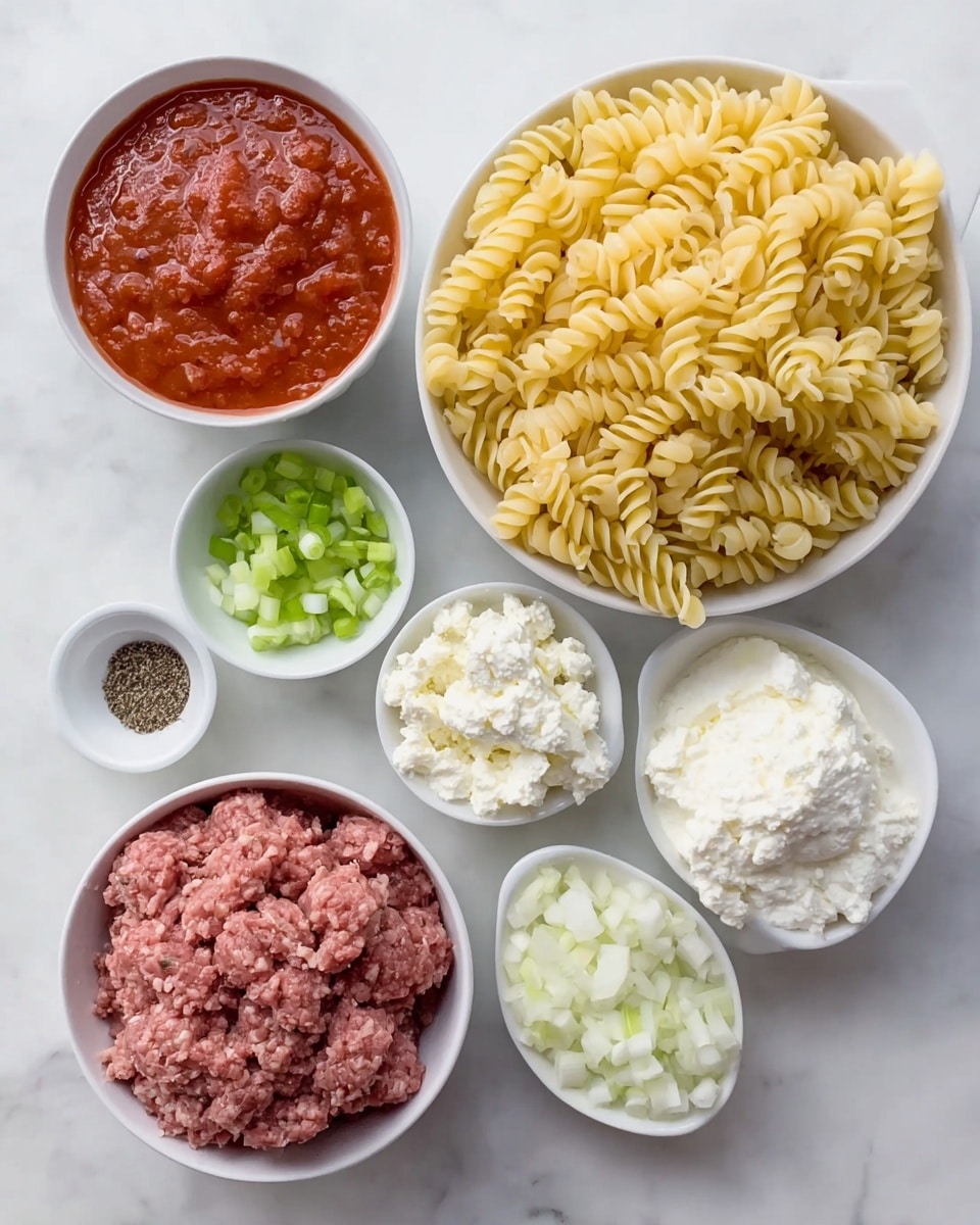 The image shows six white bowls on a white marbled surface, each filled with different ingredients. The top right bowl contains light yellow cooked spiral pasta. Below that, a bowl holds thick red tomato sauce with visible chunks. To the left of the sauce, a bowl is filled with raw ground meat in pink and brown tones. Above the meat, a bowl has small white soft cheese pieces. Next to the cheese, a bowl contains sliced green onions with light green and white rings. In the middle, a bowl has small chopped white onions and a small pile of black pepper next to them. All bowls are neatly arranged and clearly show the texture and color of the ingredients. Photo taken with an iphone --ar 4:5 --v 7