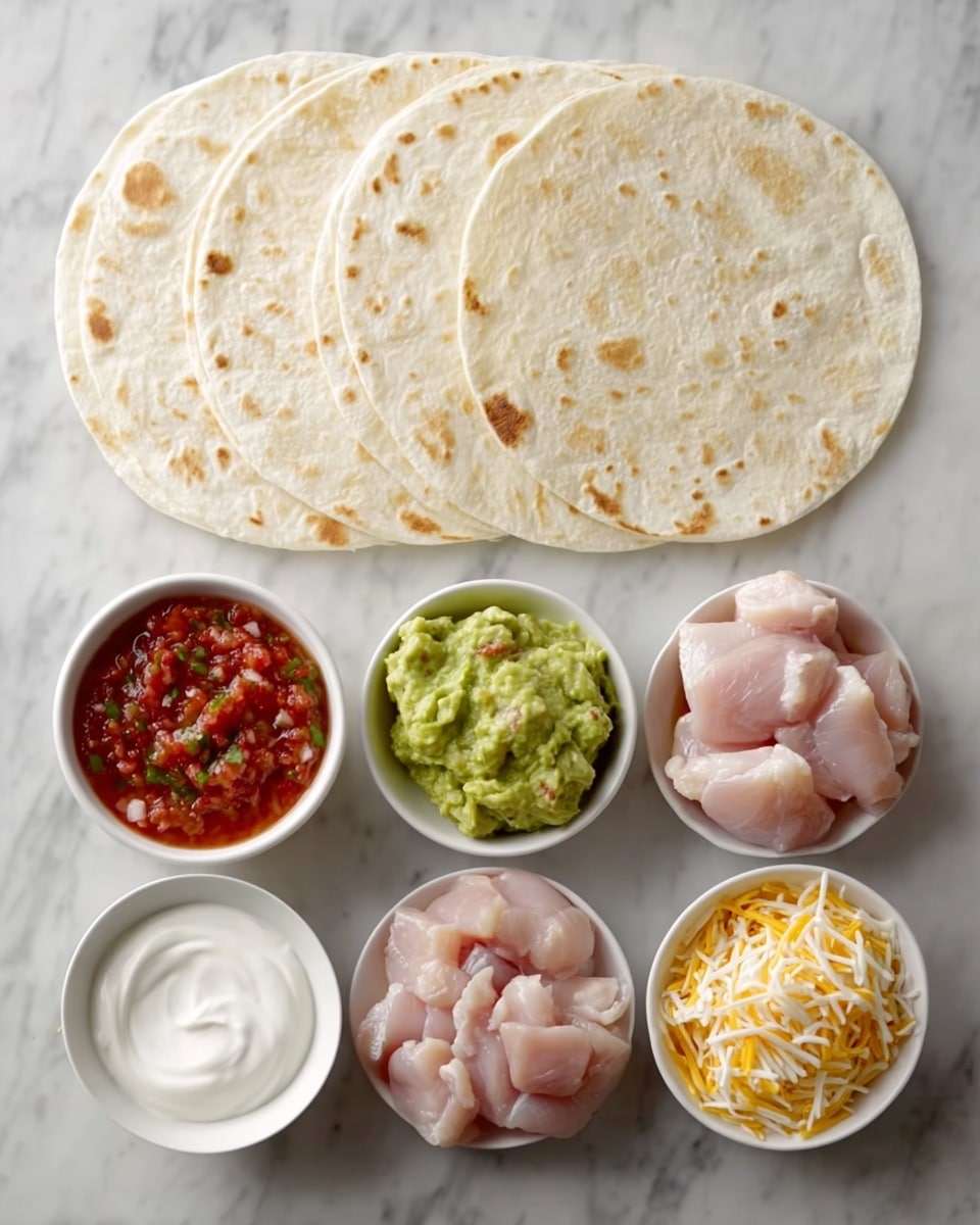 The image shows six soft, round tortillas stacked slightly off-center on a white marbled surface. Below the tortillas, there are four small white bowls arranged in a square pattern. The top left bowl is filled with chunky red salsa with visible bits of tomatoes, onions, and herbs. The top right bowl holds a mix of shredded yellow and white cheese. The bottom left bowl contains smooth, thick white sour cream, and the bottom right area has several pieces of raw, pale pink chicken thighs with a slight sheen. In the middle, between the bowls and chicken, there is a small white bowl filled with green, creamy guacamole. The whole setup is neat and clean, with a bright and fresh look, photo taken with an iphone --ar 4:5 --v 7