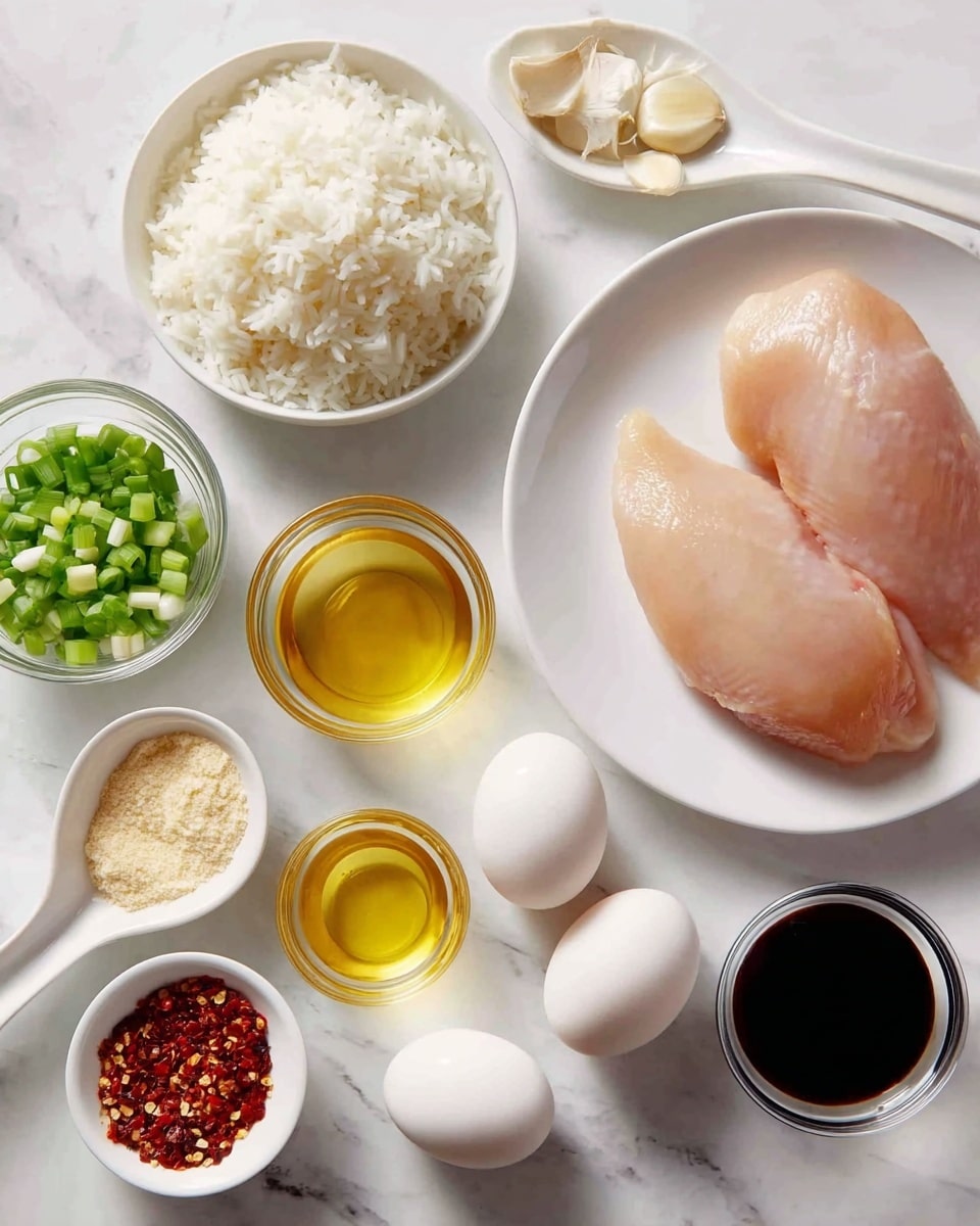 The image shows raw ingredients arranged on a white marbled surface. There are two raw chicken breasts on a white plate placed on the right side, next to two brown eggs. Surrounding the plate are small white bowls filled with different ingredients: one with cooked white rice, one with chopped green onions, one with whole garlic cloves, one with a pale yellow powder, one with a dark soy sauce, one with a small amount of red chili flakes on a white spoon, a larger bowl of golden yellow oil, and a smaller bowl of a light golden liquid. The setup is neat and clean with natural light. Photo taken with an iphone --ar 4:5 --v 7