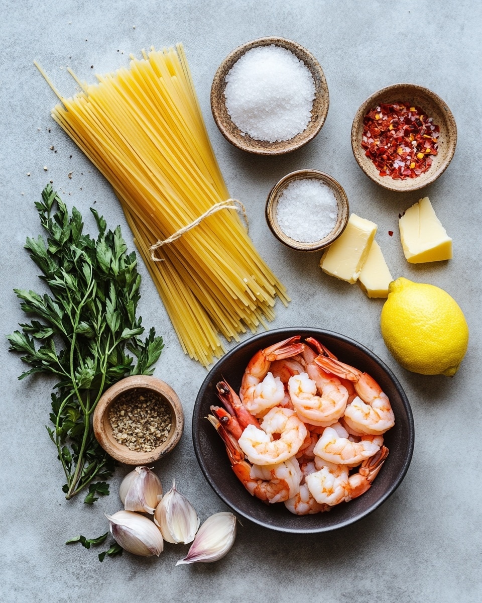 A white pan filled with a dish showing one layer of thin yellow spaghetti noodles spread evenly across the pan. On top, there are several pink cooked shrimps arranged around the noodles. Scattered green parsley leaves add color contrast over the noodles and shrimp. A bright yellow lemon wedge is placed at the edge of the pan. The background surface has a white marbled texture. photo taken with an iphone --ar 4:5 --v 7