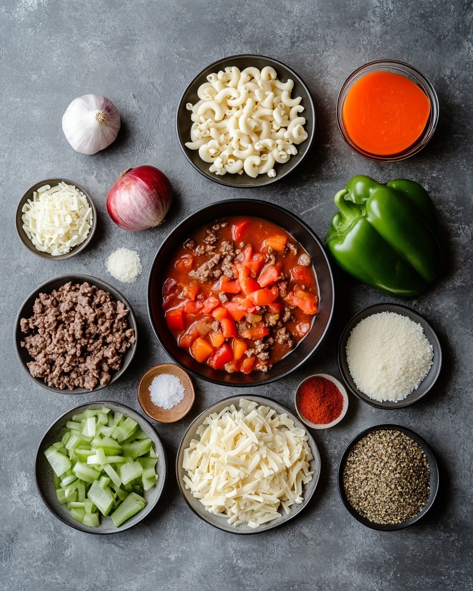A close-up of a white bowl filled with a pasta dish made of elbow macaroni mixed evenly with a thick red sauce and ground meat, small pieces of tomatoes and herbs are visible throughout. The sauce coats the pasta and meat giving a rich, textured look. The bowl is placed on a wooden surface with a couple of uncooked elbow macaroni pieces nearby, and a jar of more sauce is blurred in the background along with some green herbs. The overall look is warm and hearty. Photo taken with an iphone --ar 4:5 --v 7