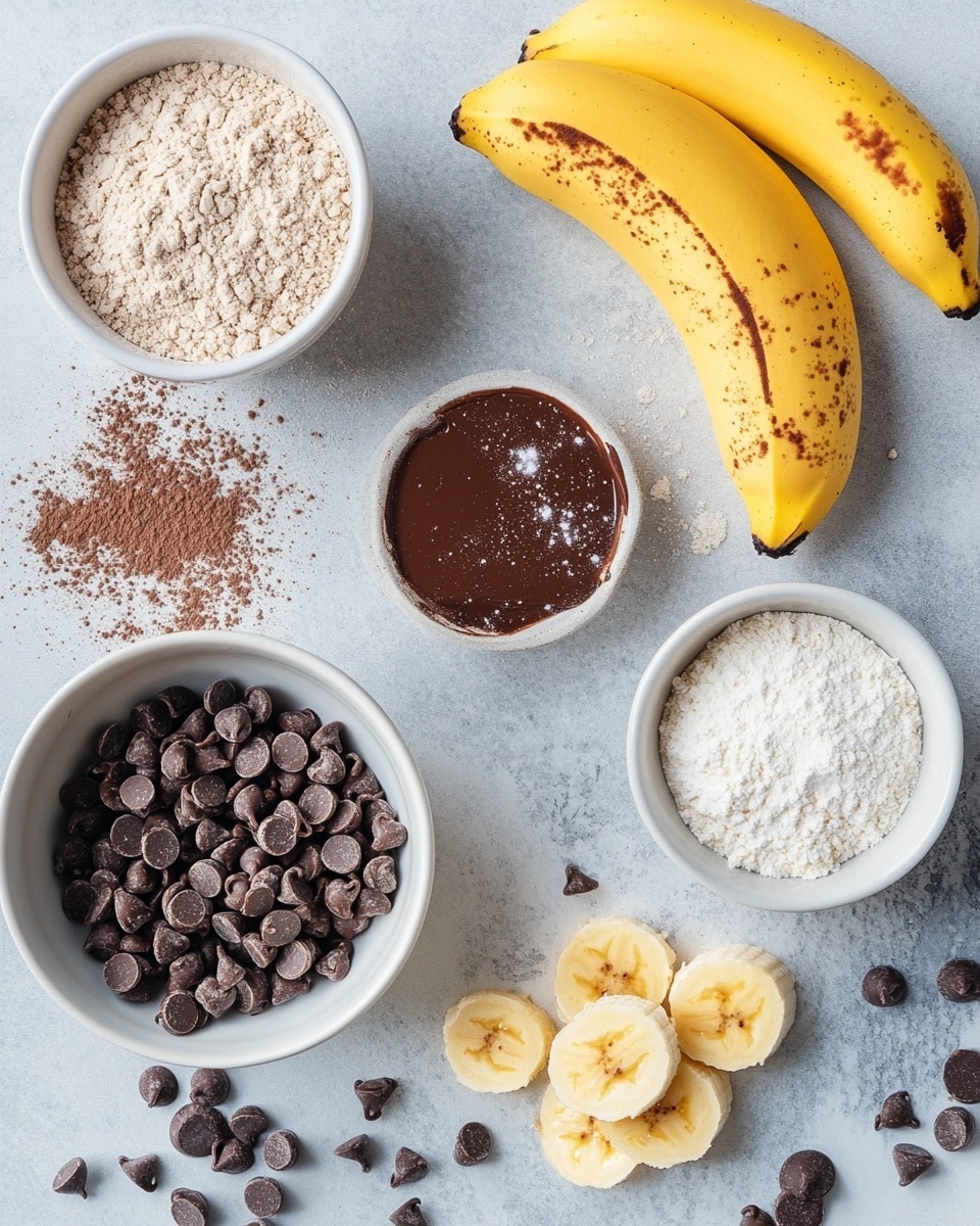 A dark brown chocolate banana bread loaf with a rough textured top sprinkled with scattered shiny dark chocolate chips rests on a silver cooling rack. Three thick slices lie in front of the main loaf, showing a moist, dense crumb with small air holes and more chocolate chips embedded inside. To the left of the rack sits a yellow banana and a knife with a yellow handle and a silver blade. A white marbled surface underlies everything, with a striped light blue and white cloth partly visible on the bottom right. Photo taken with an iphone --ar 4:5 --v 7