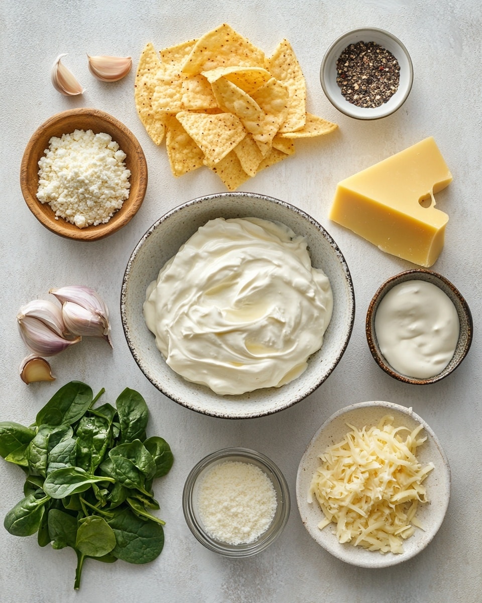A white oval dish filled with creamy spinach and artichoke dip, featuring a mix of white and light green textures with visible dark green spinach leaves and pale yellow artichoke pieces throughout. The dip is thick and slightly melted with some melted cheese stretching where a scoop has been taken out, revealing a gooey and creamy inside. Two light beige tortilla chips are partially dipped into the mixture on opposite sides. The dish is placed on a white marbled surface with more tortilla chips scattered around and a purple cloth napkin nearby. Photo taken with an iphone --ar 4:5 --v 7