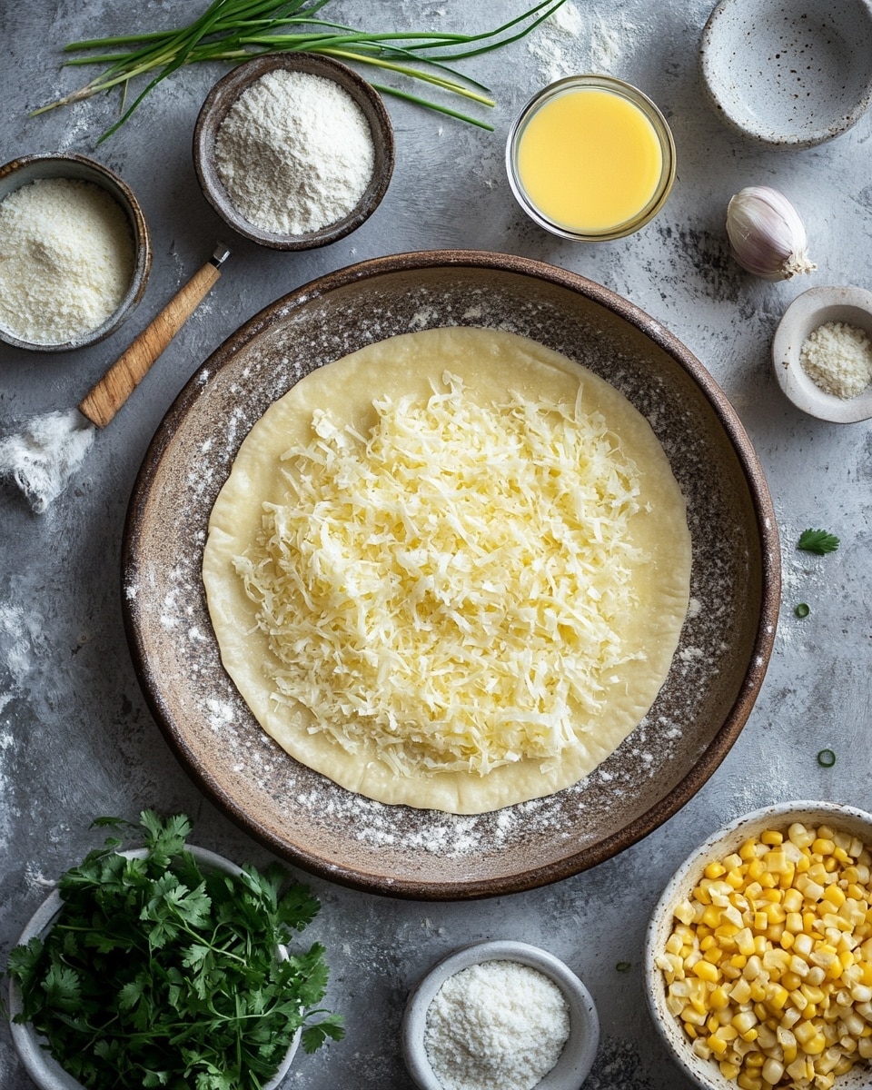 Four golden yellow corn taco shells with light grill marks are arranged in a row on a wooden plate placed on a yellow and white checkered cloth over a white marbled surface. Each taco shell is folded over and filled with three visible layers: the bottom layer is shredded light beige chicken mixed with yellow corn kernels, the middle layer is melted white cheese evenly spread over the chicken, and the top layer is a sprinkling of fresh green chopped herbs. The tacos look warm and soft with slightly crisped edges. Photo taken with an iphone --ar 4:5 --v 7