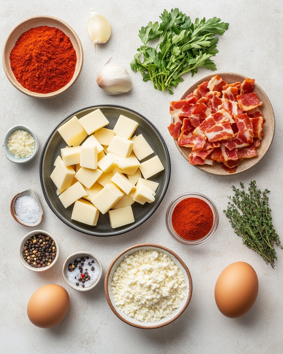 The image shows four crispy, golden brown fried balls placed on a white plate with a white marbled texture surface. Each ball is coated with a crunchy, crumbly breadcrumb layer mixed with small bits of browned bacon and sprinkled green herbs. Two of the balls are whole, while the other two are broken open to reveal a creamy white cheese center that oozes out, mixing with an orange sauce underneath that has some chopped green herbs on it. The balls have a rough, textured appearance with a rich, slightly shiny coating from the sauce. Photo taken with an iphone --ar 4:5 --v 7