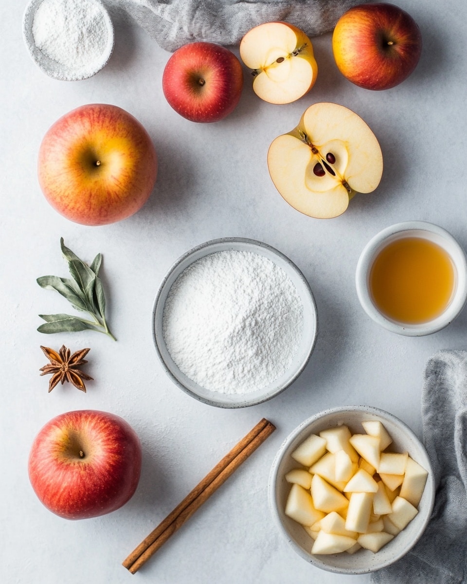 A white plate holds a stack of about seven golden-brown apple fritters, each with a crunchy, uneven surface showing bits of cooked apple inside. The fritters are coated with a shiny, light brown syrup drizzle that pools slightly at the base. One fritter sits on top, exposing its soft, light yellow apple filling with a moist texture. The plate sits on a round wooden board on a white marbled surface. In the background, two whole red apples and another plate with more fritters are softly blurred. Photo taken with an iphone --ar 4:5 --v 7