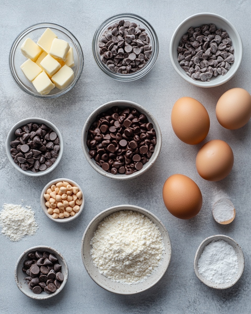 The image shows two square brownies stacked on a black plate with a few chocolate chips scattered around. Each brownie has two layers: a thick dark brown chocolate layer at the bottom and a lighter cream cheese layer with a marbled chocolate swirl on top, giving it a mixed texture look. One brownie has a few chocolate chips on its top layer. In the background, there is a fork with a piece of brownie on it resting on a gray cloth, and more brownies blurred out. The surface is a white marbled texture. Photo taken with an iphone --ar 4:5 --v 7