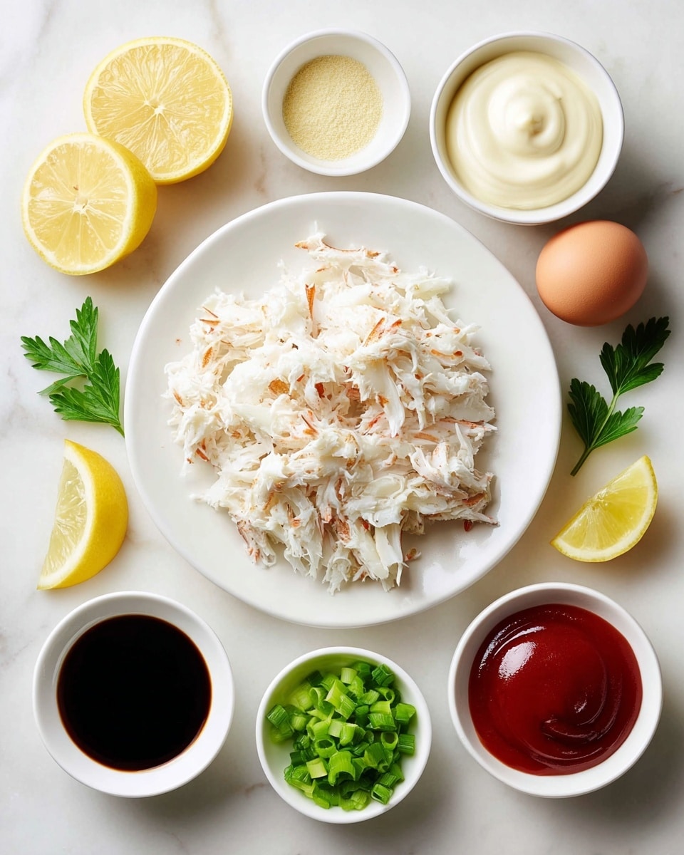 The image shows a white plate filled with shredded white crab meat with some orange bits mixed in. Around the plate, there are small white bowls containing different ingredients: one has a smooth white creamy texture, another has finely chopped green onions, one holds a reddish sauce with a thick texture, another is filled with a dark liquid, and one contains a pale yellow granular substance. Two whole brown eggs and three lemon slices are placed on the white marbled surface near the plate. Small green parsley leaves add a fresh touch to the layout. The photo taken with an iphone --ar 4:5 --v 7