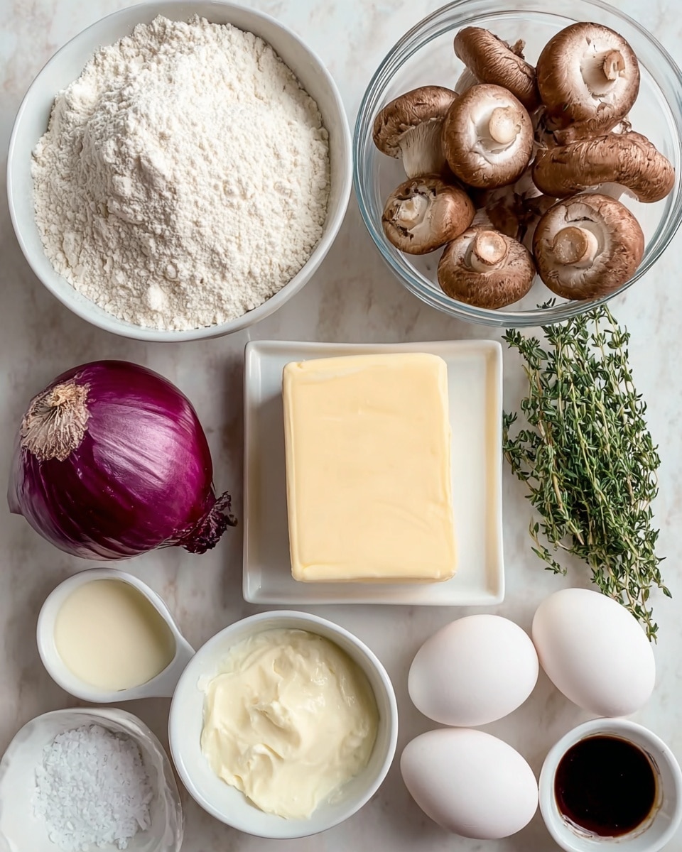The image shows several cooking ingredients arranged neatly on a white marbled surface. There is one large white bowl filled with white flour, a white square dish holding a solid block of pale yellow butter, and a clear glass bowl with whole brown mushrooms. Two white eggs and a purple onion with a shiny skin sit alongside small white bowls containing white sugar, coarse salt, fresh green thyme sprigs, and a dark liquid, likely vanilla extract. Lastly, there's a white bowl filled with pale cream or milk. The colors range from the soft yellows of the butter and cream to the deep purple of the onion and earthy browns of the mushrooms. photo taken with an iphone --ar 4:5 --v 7