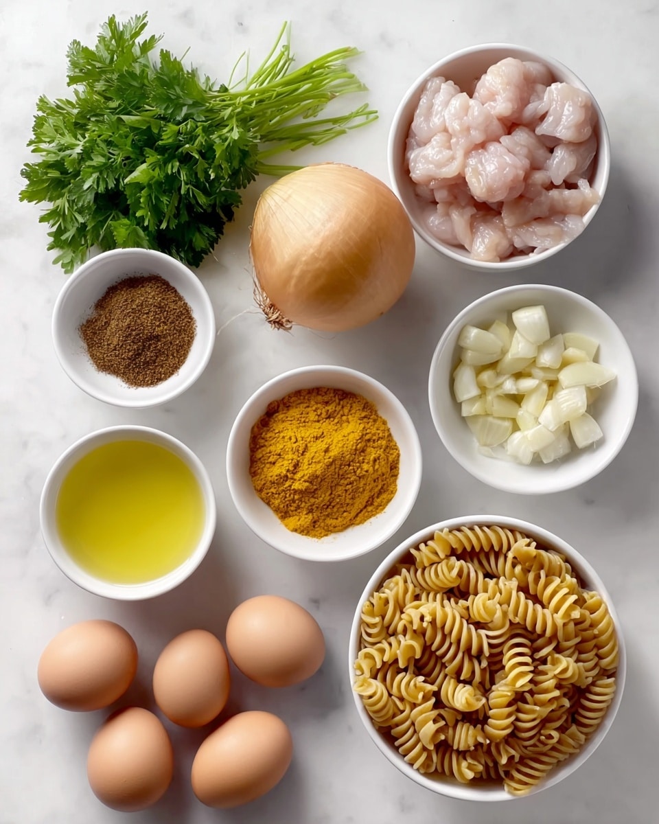 The image shows ingredients placed on a white marbled surface with six white bowls and three brown eggs. One bowl is filled with raw yellowish spiral pasta, another with small pieces of pale pink raw chicken, one with bright yellow spice powder, another with reddish-brown spice powder, a small bowl with light yellow olive oil, and a small bowl with chopped white garlic. There is one whole yellow onion and a bunch of fresh green parsley near the top left. The eggs are arranged in a triangle shape near the bottom left. photo taken with an iphone --ar 4:5 --v 7