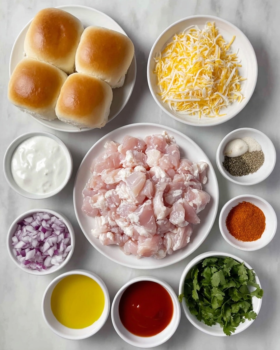 The image shows a white plate in the center filled with raw, light pink chicken pieces that have a soft and slightly wet texture. Around the plate, there are small white bowls arranged neatly in a circle: one has shredded white cheese with long thin strands, another has a smooth red sauce, and one contains a yellow liquid that looks like melted butter. There are two bowls with mixed spices, showing shades of brown, orange, and black powders, one bowl with black pepper and two small white garlic pieces, and another with bright green chopped herbs. One bowl holds small pieces of diced purple onion, and another contains a creamy white sauce with a smooth surface. On the top left, there is a white plate holding six golden brown shiny soft bread rolls, placed on a white marbled surface. Photo taken with an iphone --ar 4:5 --v 7
