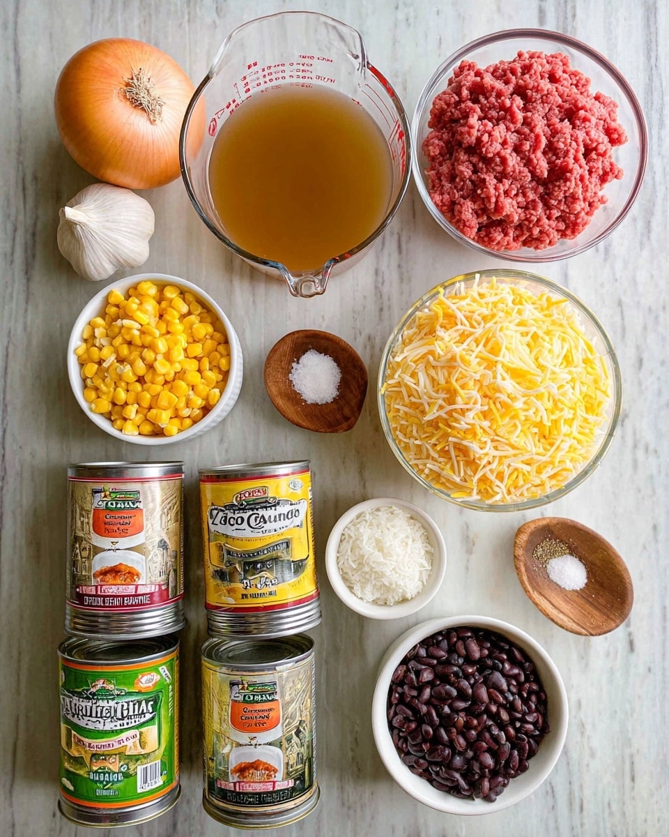 The image shows a collection of cooking ingredients arranged on a white marbled surface. In the center, there is a clear glass bowl filled with shredded yellow and white cheese. Above it is another clear glass bowl containing bright red ground meat. To the right of the meat is a white can of black beans with a colorful label, and below it is another white can of whole kernel corn with a bright yellow and green label. To the left of the corn can is a white can of diced tomatoes and green chilies with a colorful label. Above the cans, there are two garlic cloves and a yellow onion, along with a small wooden bowl of salt and a small container of taco seasoning with a white label. A metal measuring cup filled with white rice is placed above the cans, and to the left bottom, there is a glass measuring cup holding a light brown liquid. photo taken with an iphone --ar 4:5 --v 7