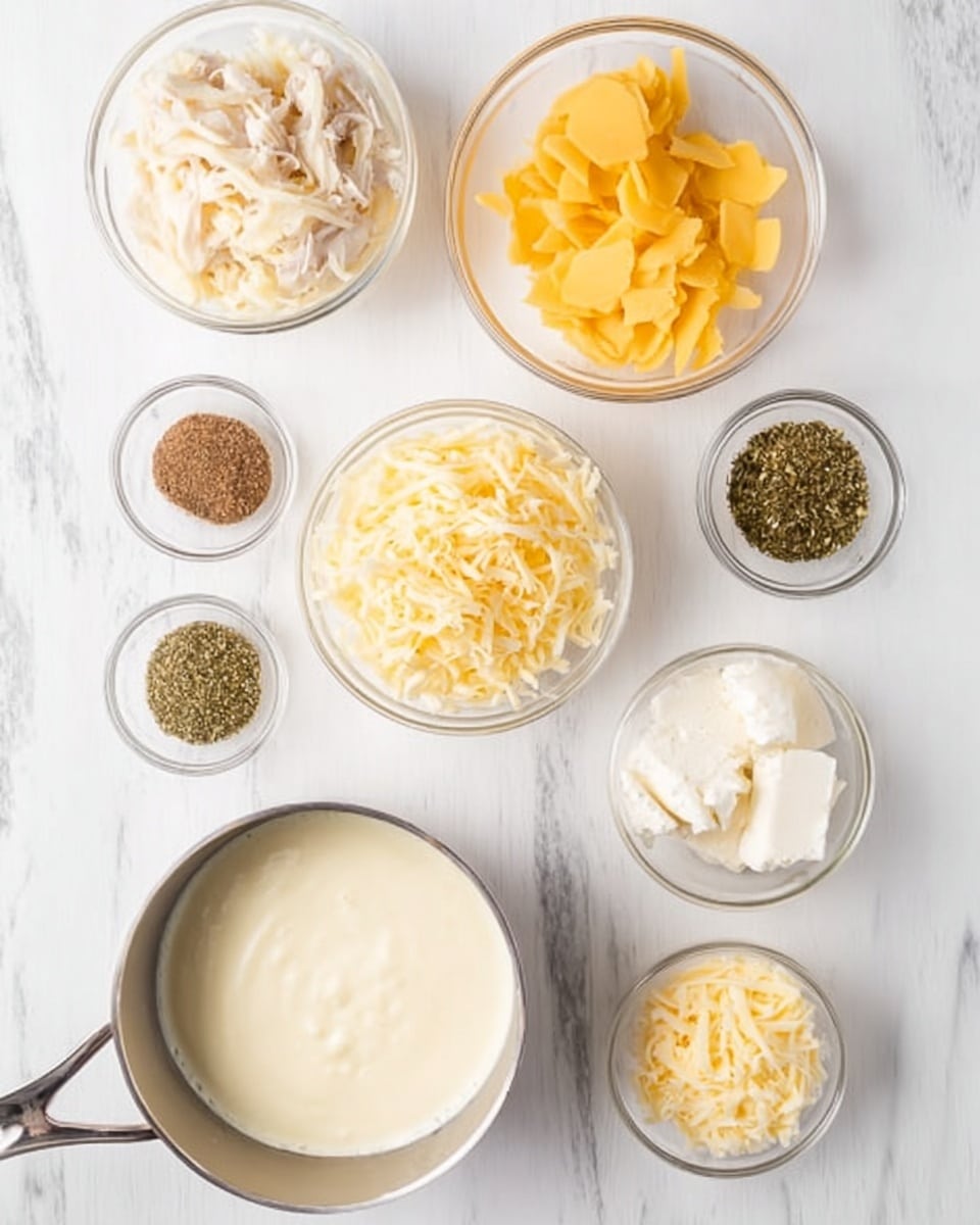 The image shows several clear glass bowls and a small saucepan arranged on a white marbled surface. Starting from the top left, there is a bowl filled with smooth, yellow pasta shells. To its right, a bowl contains shredded pale chicken. Below the chicken, there is a small bowl of grated pale yellow cheese, and beneath that, a bowl filled with gooey white shredded cheese. To the left of the cheese, the saucepan holds a creamy, light beige sauce. Around the center, three small clear bowls hold different green and brown spices. At the bottom right, a small bowl contains a white creamy ingredient. The setup looks neat with all ingredients carefully placed. photo taken with an iphone --ar 4:5 --v 7