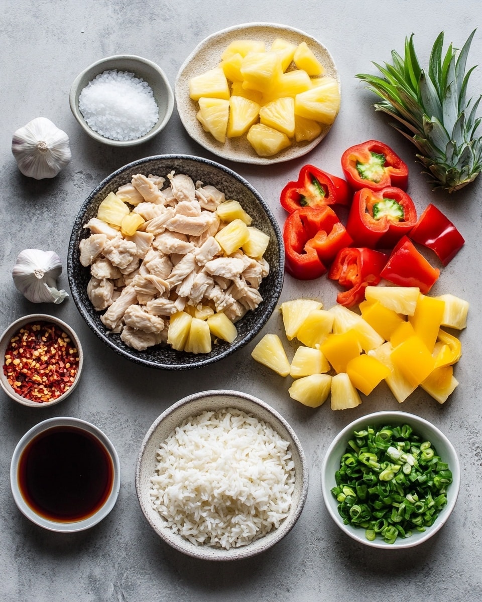 The image shows a black tray filled with yellow bell peppers standing upright, each sliced open at the top to make a bowl shape. Inside each pepper, there is a layer of cooked rice that looks light and grainy, topped with chunks of grilled, lightly browned pineapple. Small green herb leaves are scattered over the pineapples and rice, adding a fresh touch. The yellow peppers have a shiny, smooth surface, and the filling looks moist with some tiny black seasoning dots. The tray is on a white marbled surface, and soft natural light comes from the left side, highlighting the colors and textures of the dish. photo taken with an iphone --ar 4:5 --v 7