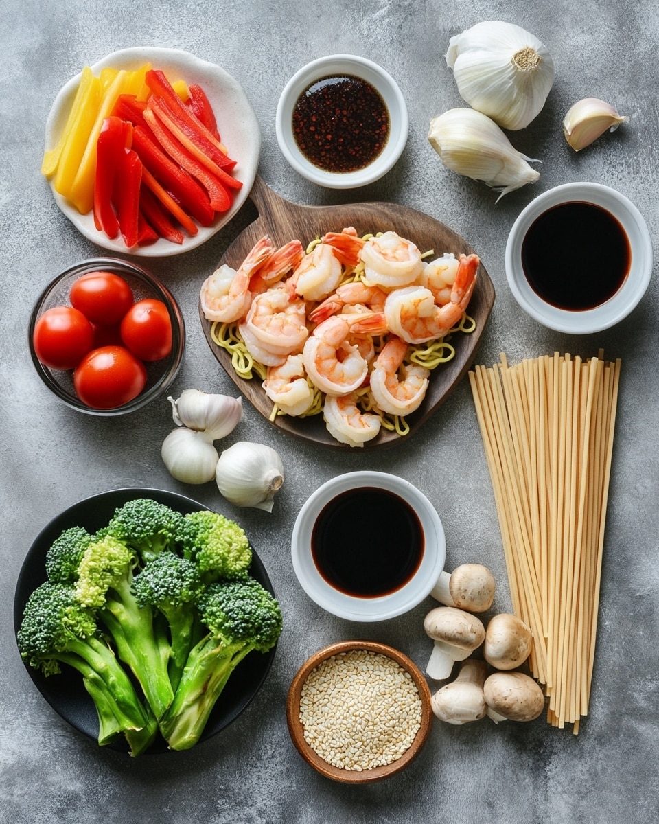 A white plate holds one layer of light yellow curly noodles with a soft texture. On top, there are eight cooked shrimp with a pinkish-orange color and slight browning from seasoning, arranged evenly across the noodles. Scattered green leaves add fresh color and contrast on the shrimp and noodles. The plate is set on a white marbled surface, and in the background, a spoon and a fork rest on a light-colored cloth. Photo taken with an iphone --ar 4:5 --v 7