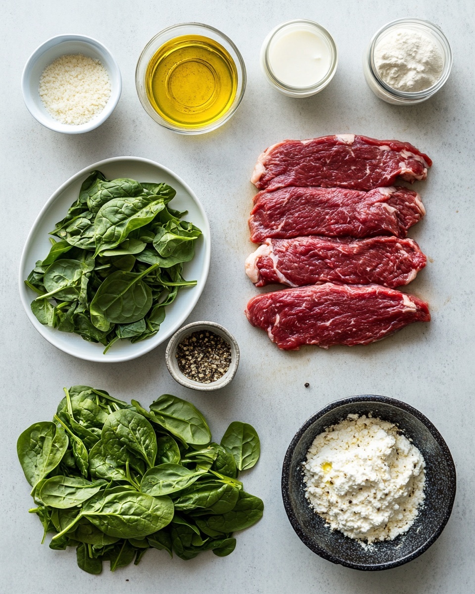 The image shows a close-up of a piece of cooked meat topped with a bright red tomato sauce with visible seeds and small bits of herbs, creating a glossy and slightly chunky texture. Inside the meat, there is a layer of wilted dark green spinach leaves which give a soft, leafy texture and contrast with the brown, grilled surface of the meat. The meat looks juicy and has small grill marks. The dish rests on a white marbled surface with some scattered fresh green herb leaves around, and the tomato sauce slightly spreads out beneath the meat. photo taken with an iphone --ar 4:5 --v 7